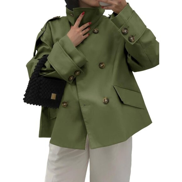 ⚡Women's Green Cropped Trench Coat Oversized Double Breasted Stand Collar